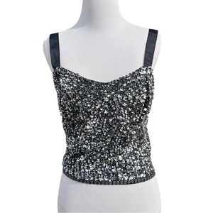 NWT Zara Cropped Sequined Sequin Black Silver Sexy Bling Crop Top Size Medium